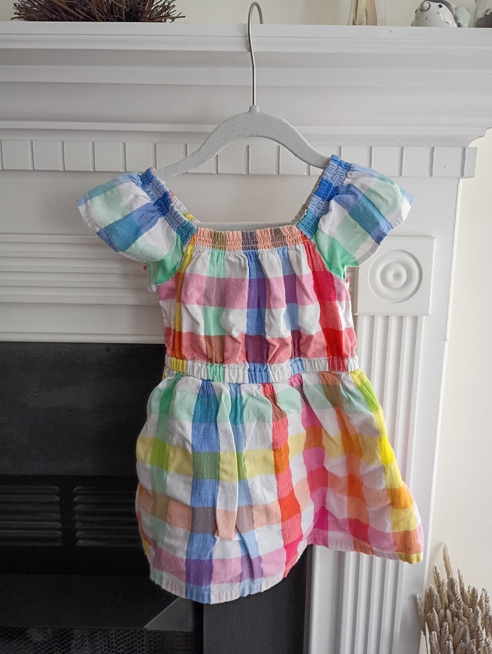 Primary 3 Rainbow Gingham Flutter Sleeve Dress